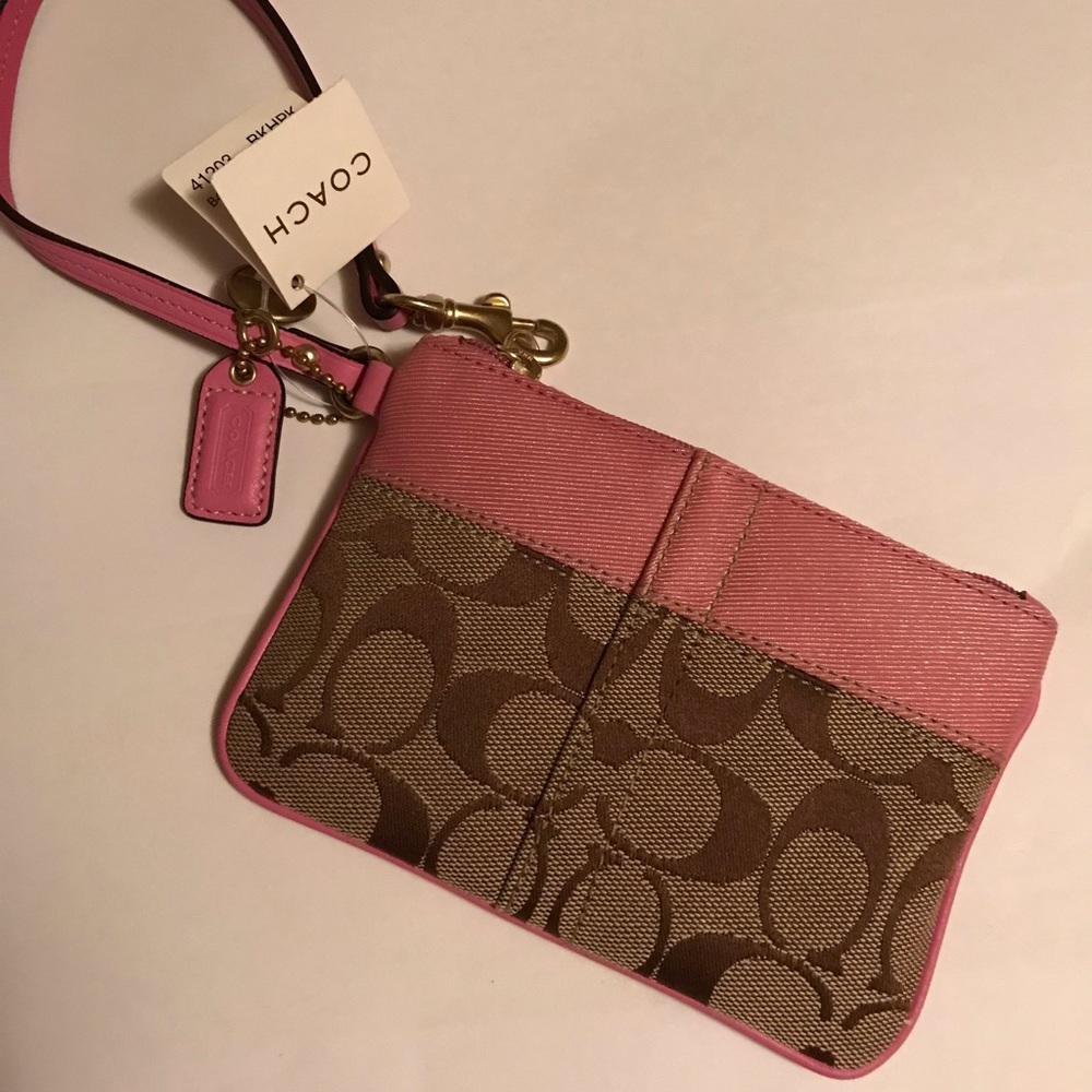 Coach khaki/pink signature wristlet